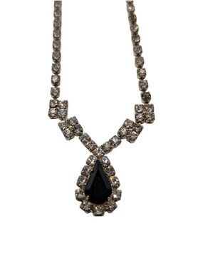 Vintage Silver-tone Rhinestone Drop Necklace Black Teardrop Costume Jewelry